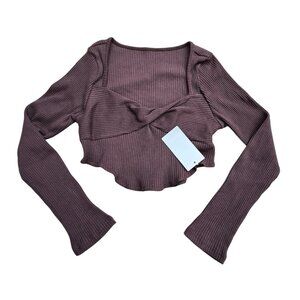 Brown Fall Long Sleeve V Neck Sexy Ribbed Knit Cropped Sweater Slim Fit - Large